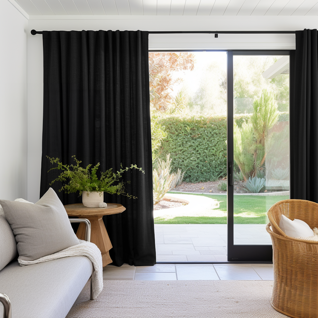 Sliding Door Blackout Linen Curtain With Back Tabs - Custom Width and Length, Color: Black