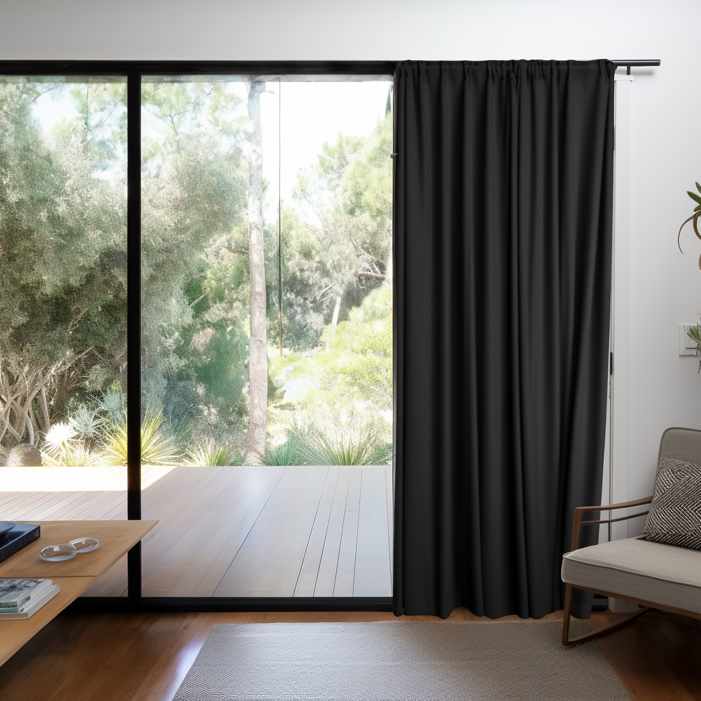 Sliding Door Blackout Linen Curtain with Rod Pocket - Custom Width and Length, Color: Black