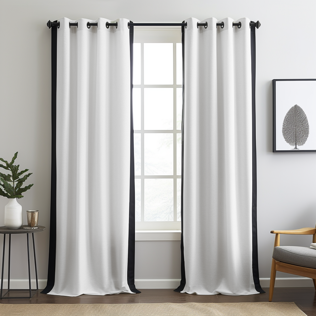 White Curtain with Black Border - Grommet Linen Curtain Panel with Blackout Lining - Custom Width and Length