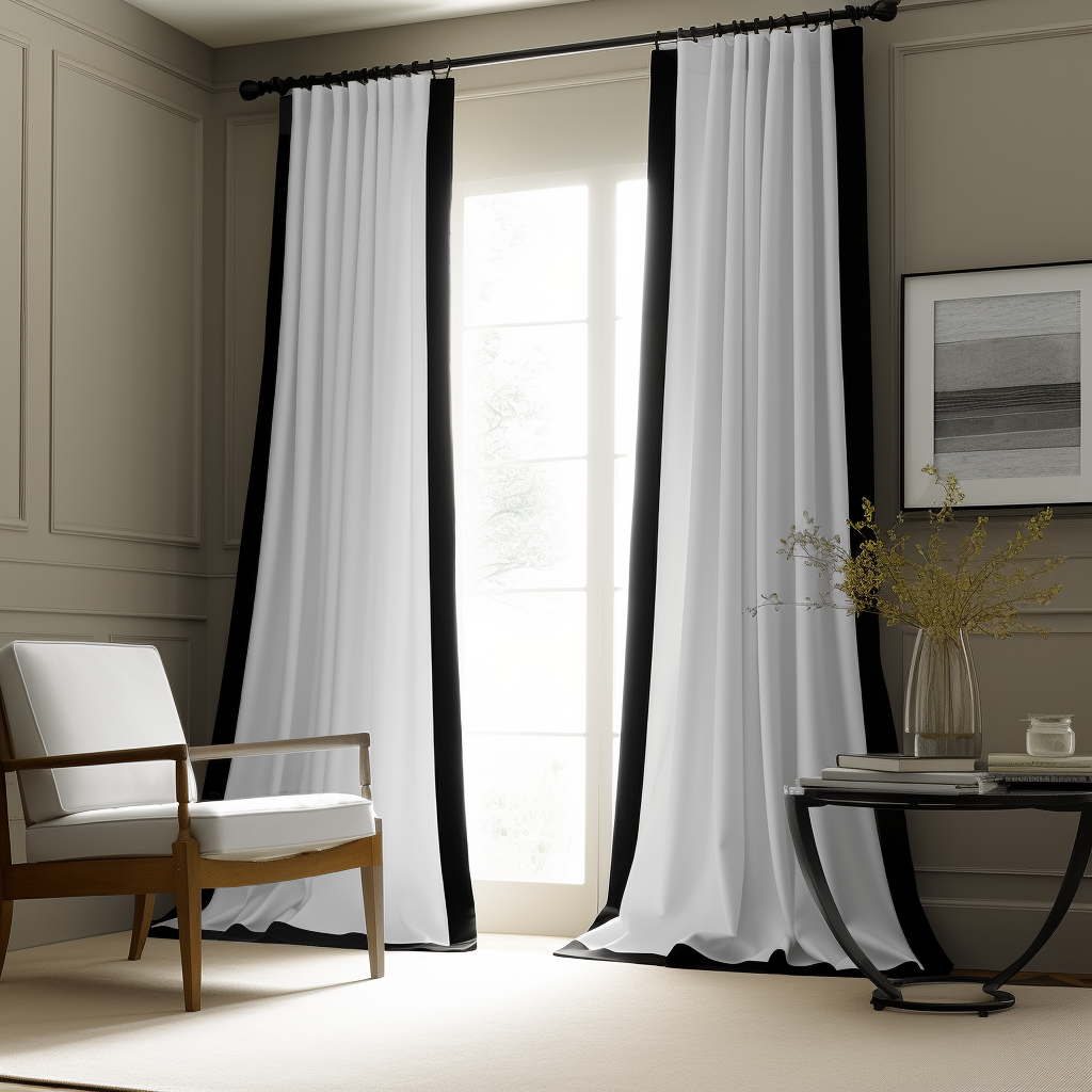 White Curtain with Black Border - Grommet Linen Curtain Panel with Cotton Lining - Custom Width and Length