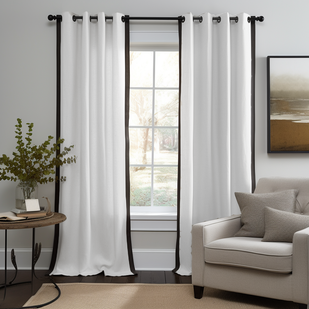 White Curtain with Black Border - Grommet Linen Curtain Panel with Cotton or Blackout Lining - Custom Width and Length