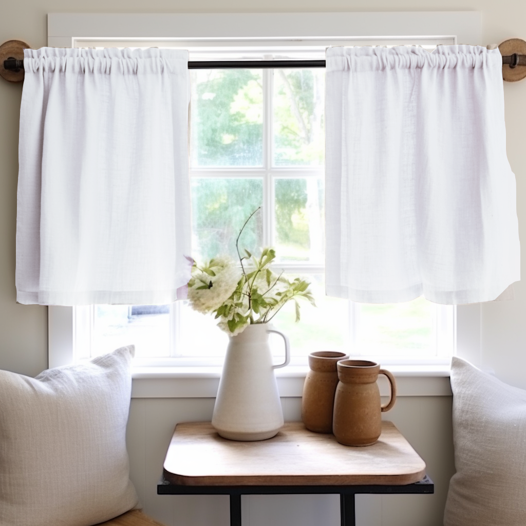 White Linen Cafe Curtains - Kitchen Linen Tier Curtains- Various Сolors