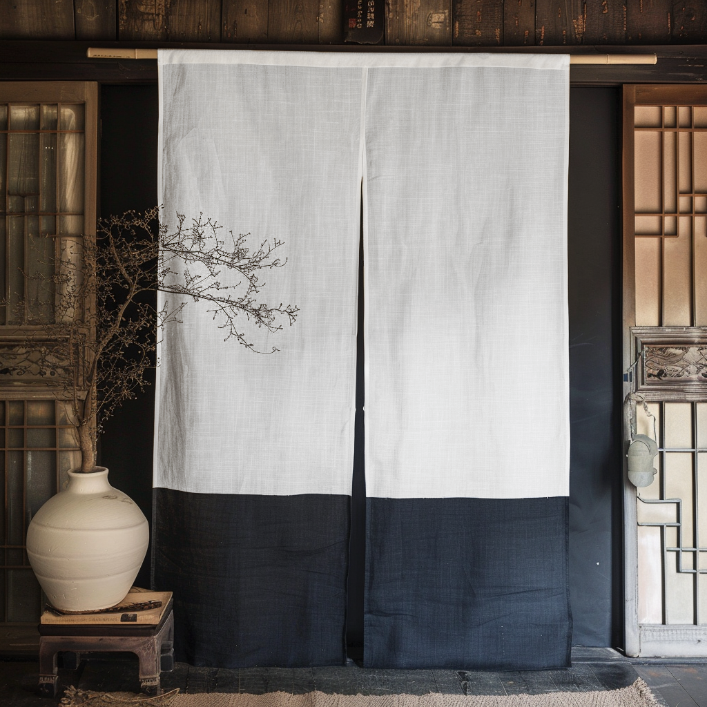White and Black Linen Noren Curtain - Japanese Curtains - Noren Drapes - Door Curtain