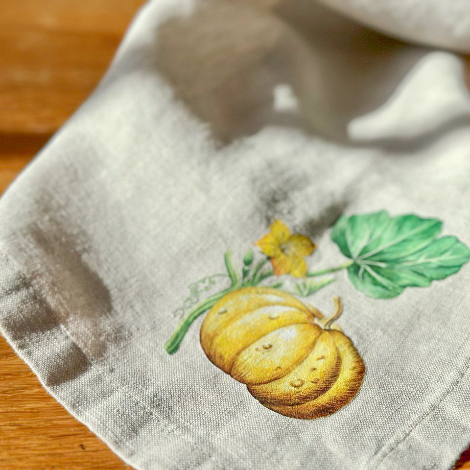 2pcs Linen Tea Towels with Pumpkin Print - Fall Theme Kitchen Decor