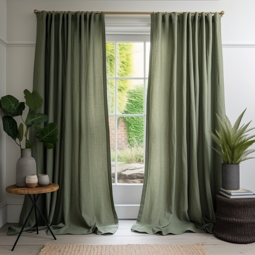 Sage Green Pencil Pleat Linen Curtain Panel - Heading for Rings and Hooks