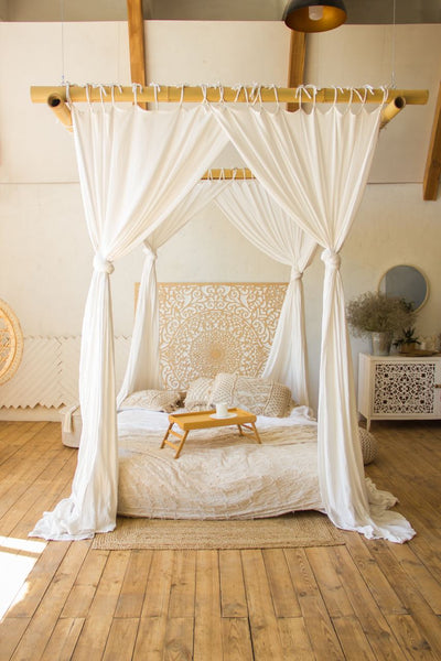 3HLinen Canopy Bed Curtain Natural Sheer Linen With Ties White 106 108