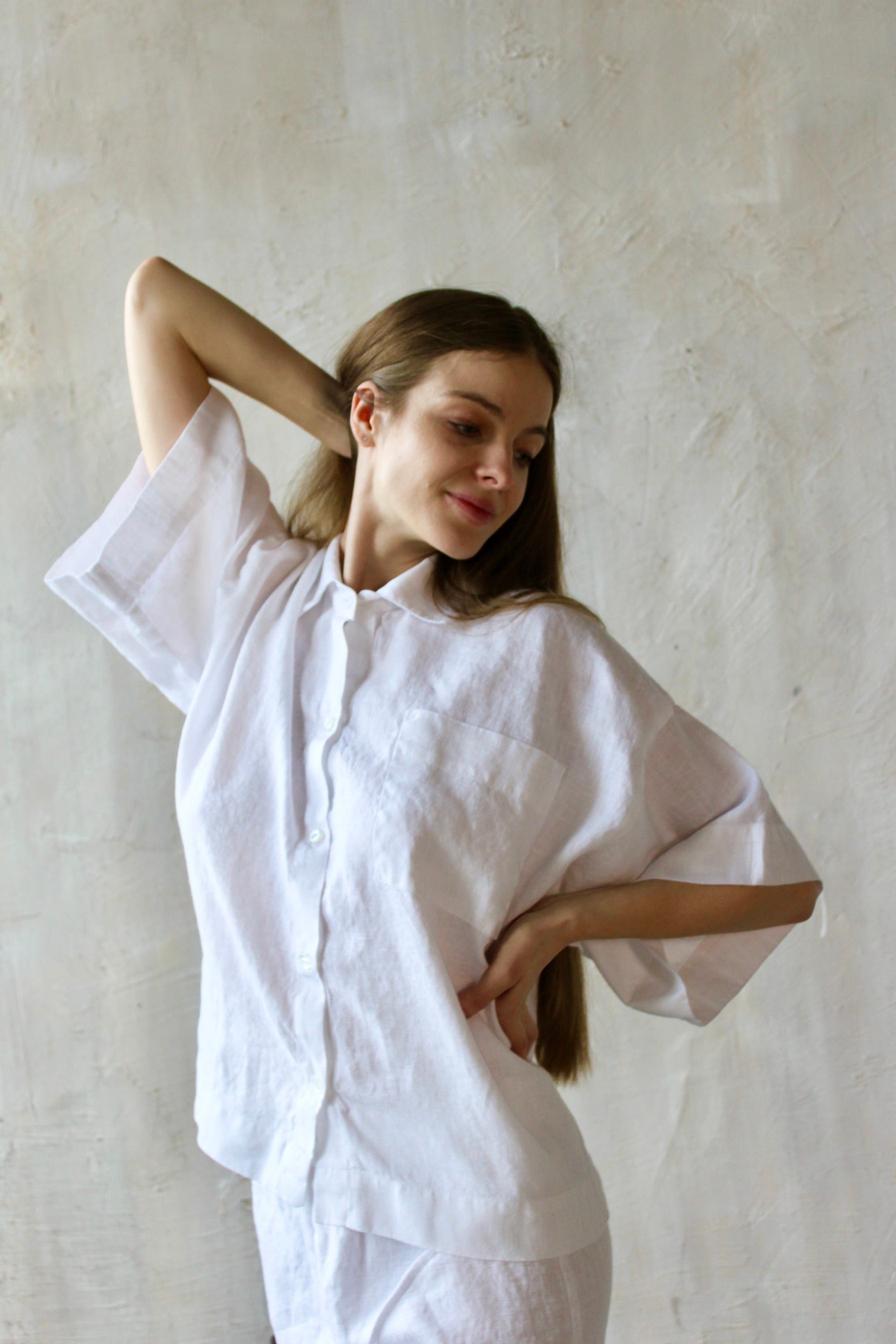 Linen Pajama Set - Softened Linen Women's Loungewear - Pajama Set Shorts  and Three Quarter Sleeve Shirt - White and Natural Colors