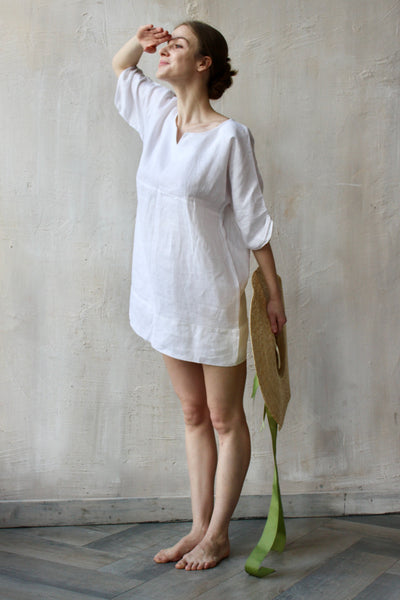 Linen tunic dress with side slits and pockets. Minimal short sleeve dress. Linen long dress tunic. Basic linen clothing women - store PUTUMAYO