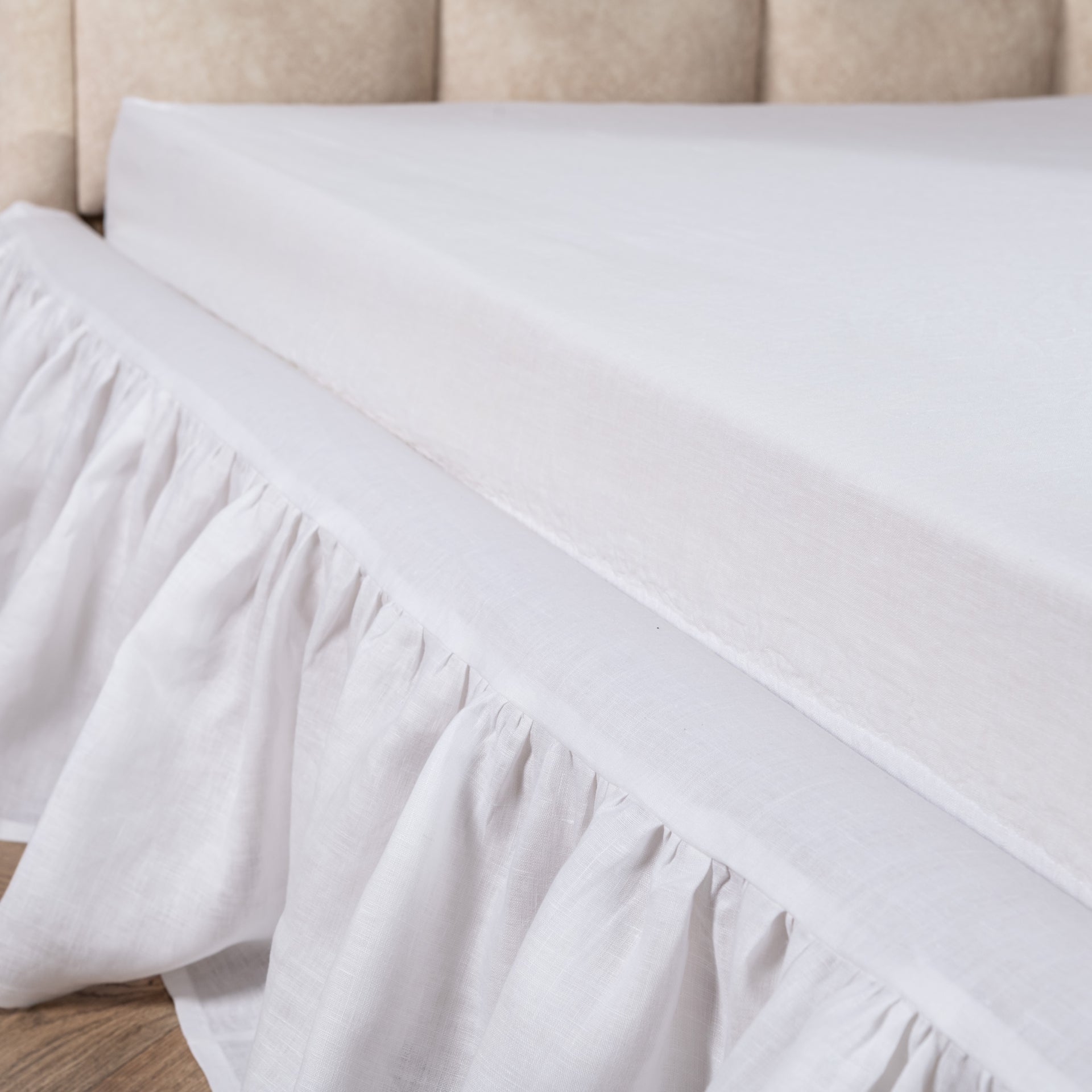 White Linen Bed Skirt with Gathered Ruffles and Cotton Decking - King