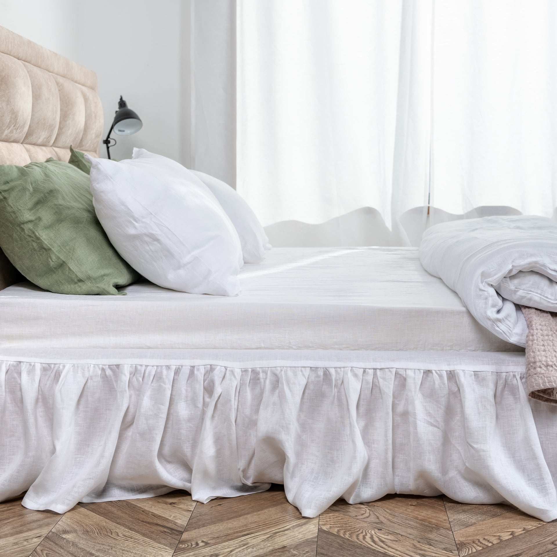White Linen Bed Skirt with Gathered Ruffles and Cotton Decking - King