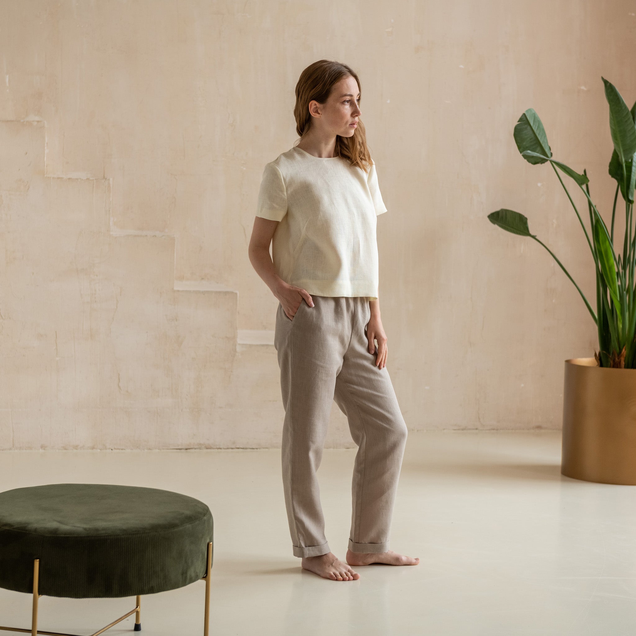 Cream Linen Short-Sleeve Button-Back Blouse