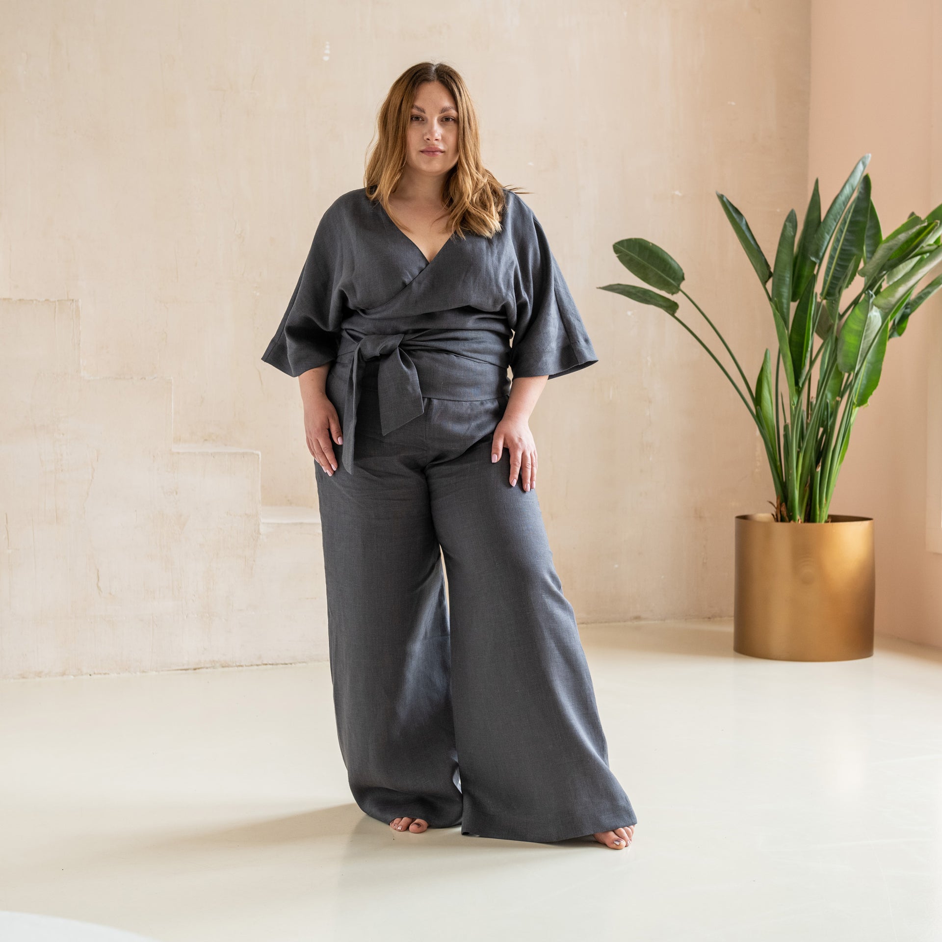 Kimono-Inspired Linen Pants and Blouse – Loose Fit Women Clothing