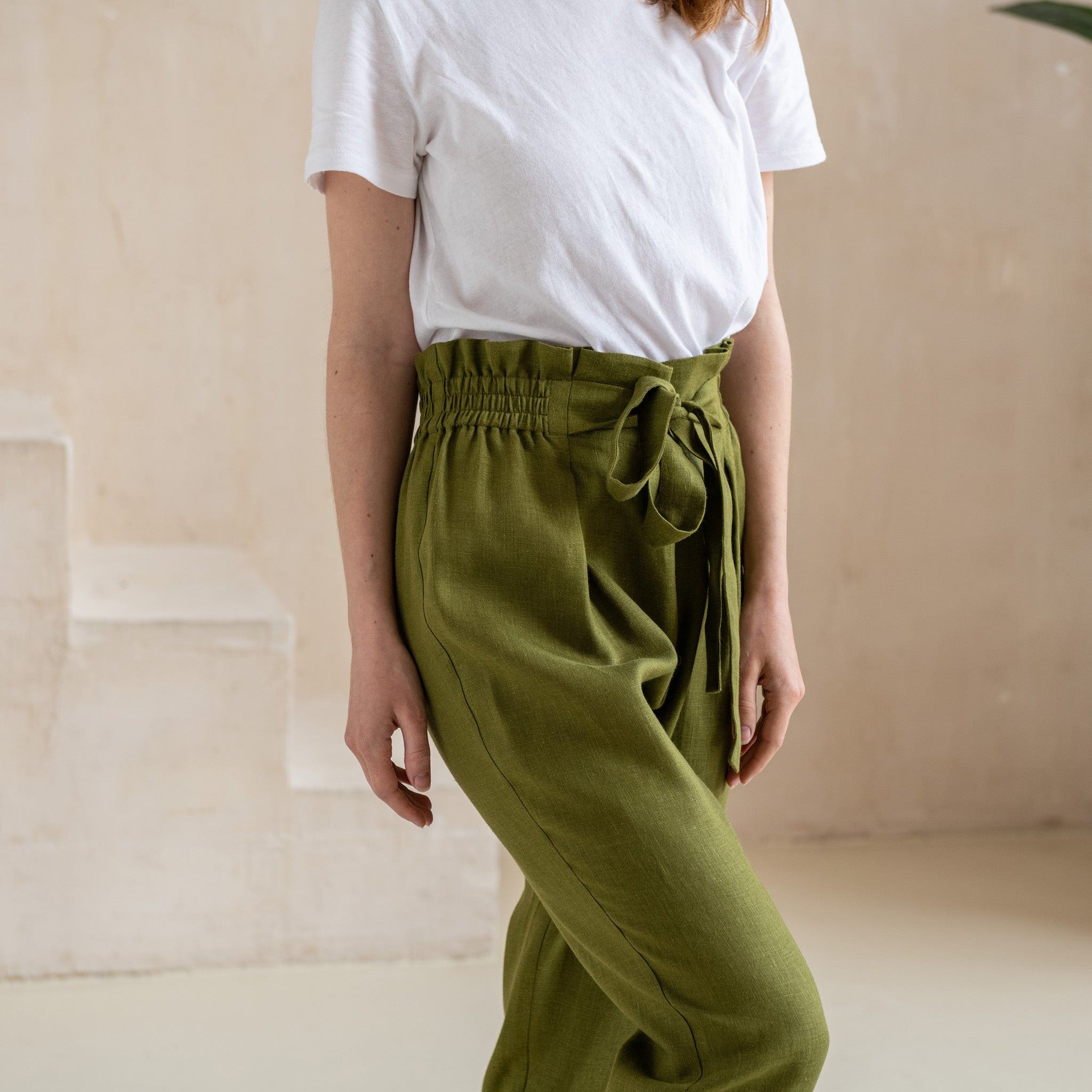 Olive Linen Paper Bag Waist Wide Leg Pant - Grace and Garment Boutique