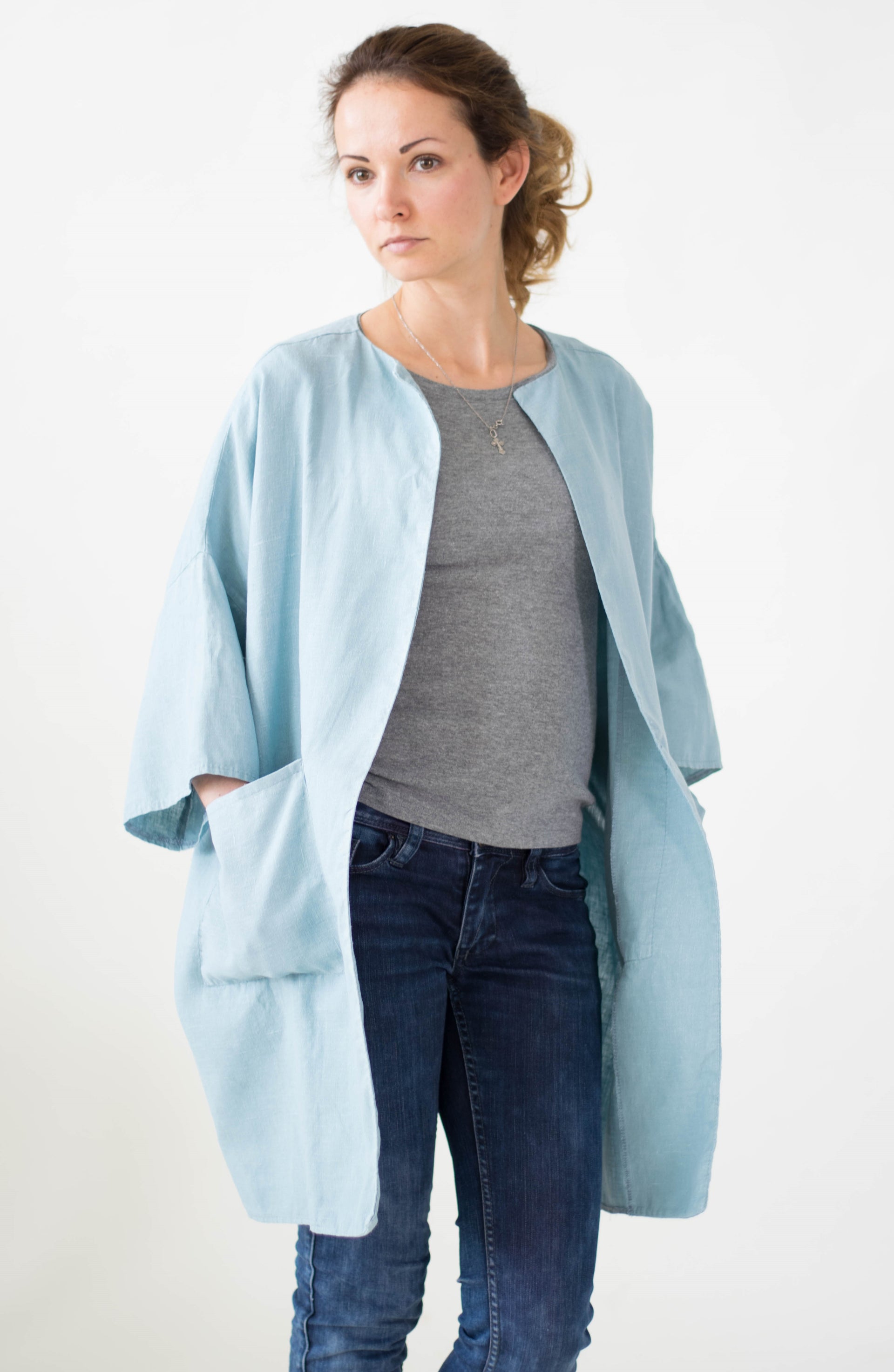 Blue Linen Jacket with Pockets