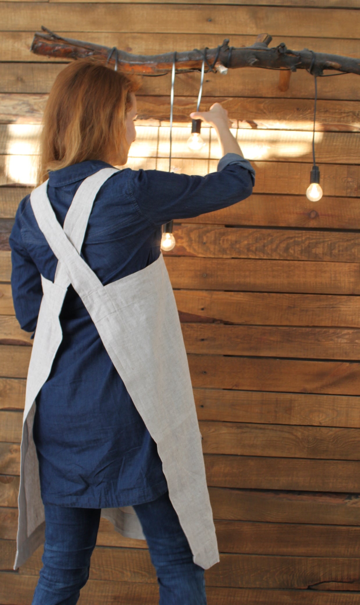 Linen No-Tie Cross Back Japanese Style Pinafore Apron with Two Pockets