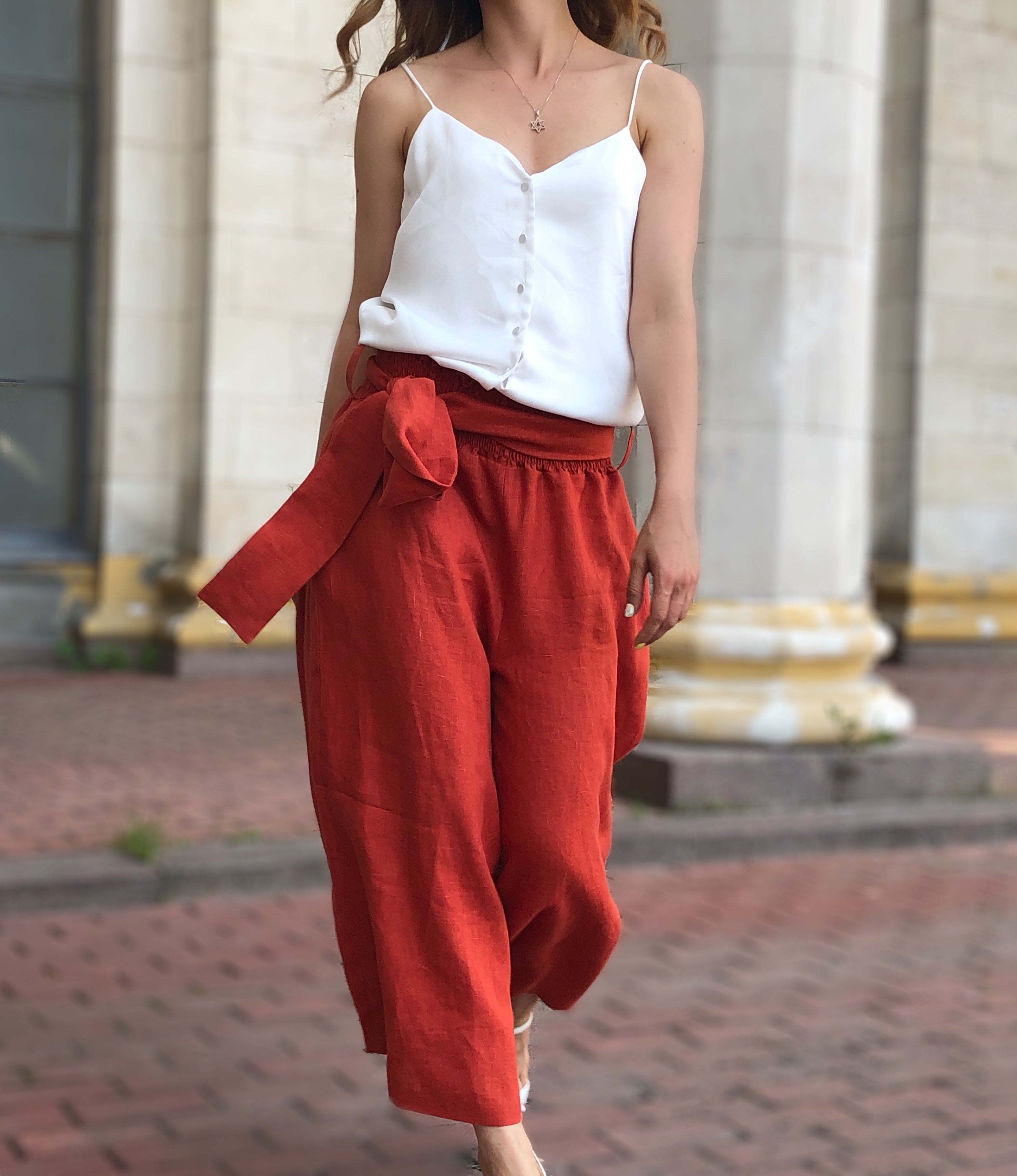 Linen Women Pants Wide Waistband - Elastic Waist and Wide Leg