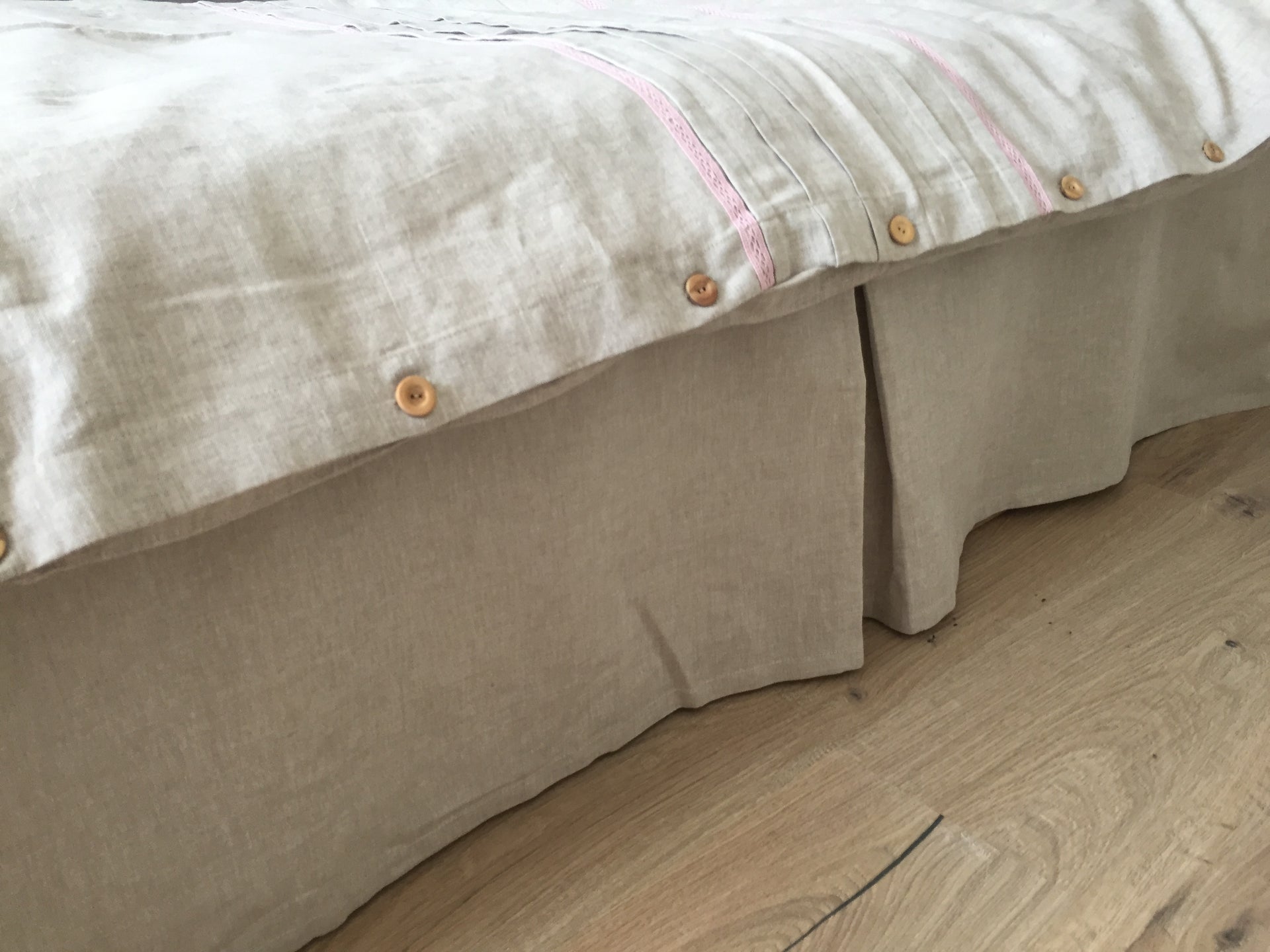 Natural Linen Bed Skirt with Cotton Lining - Long Side Unpleated - Split Corners Option for High Footboards