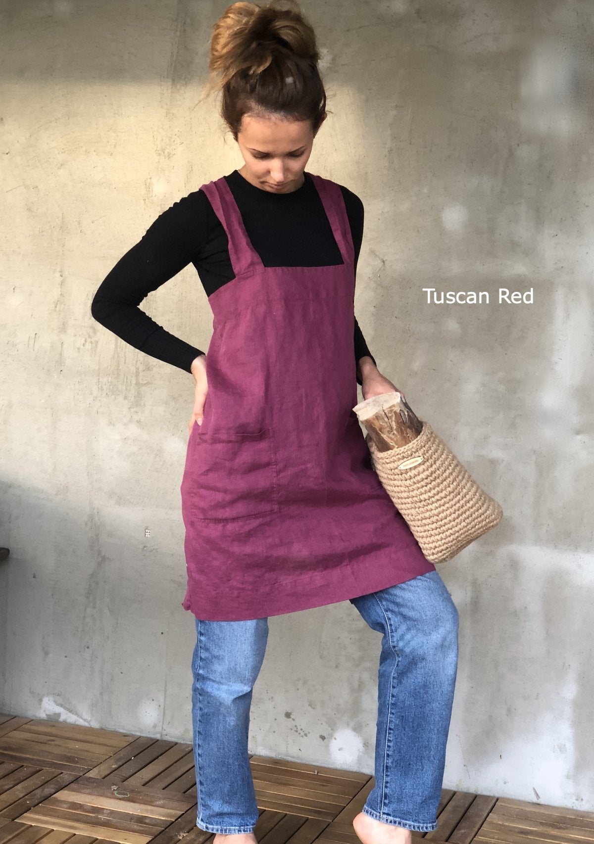 Linen Apron Cross Back with Two Pockets A-line Style - stonewashed