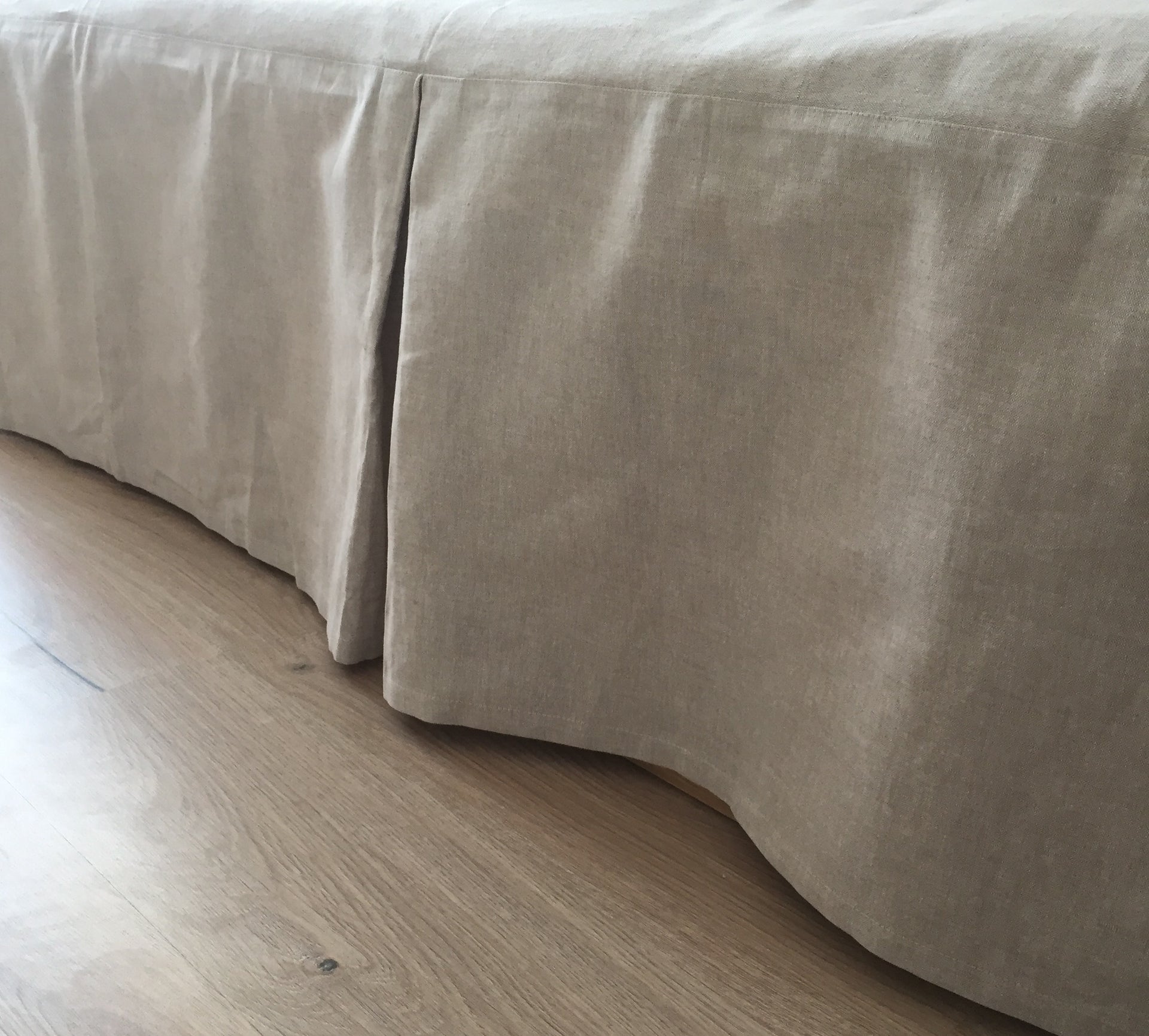 Natural Linen Bed Skirt with Cotton Lining - Long Side Unpleated - Split Corners Option for High Footboards