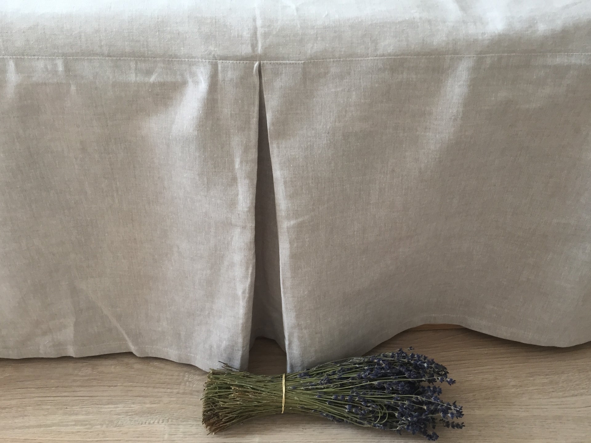 Natural Linen Bed Skirt with Cotton Lining - Long Side Unpleated - Split Corners Option for High Footboards