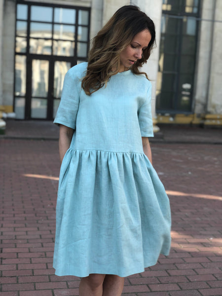 linen knee length dress Linen Dress with Pockets - Short Sleeves Linen Dress
