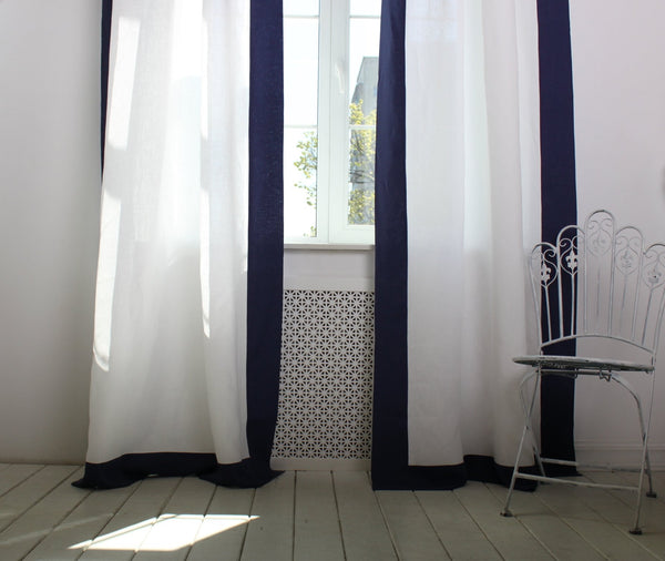 2024 Cotton Window Valance / Solid White Valance with Navy Blue Borders / Trimmed Curtain / Custom Valance / Curtain