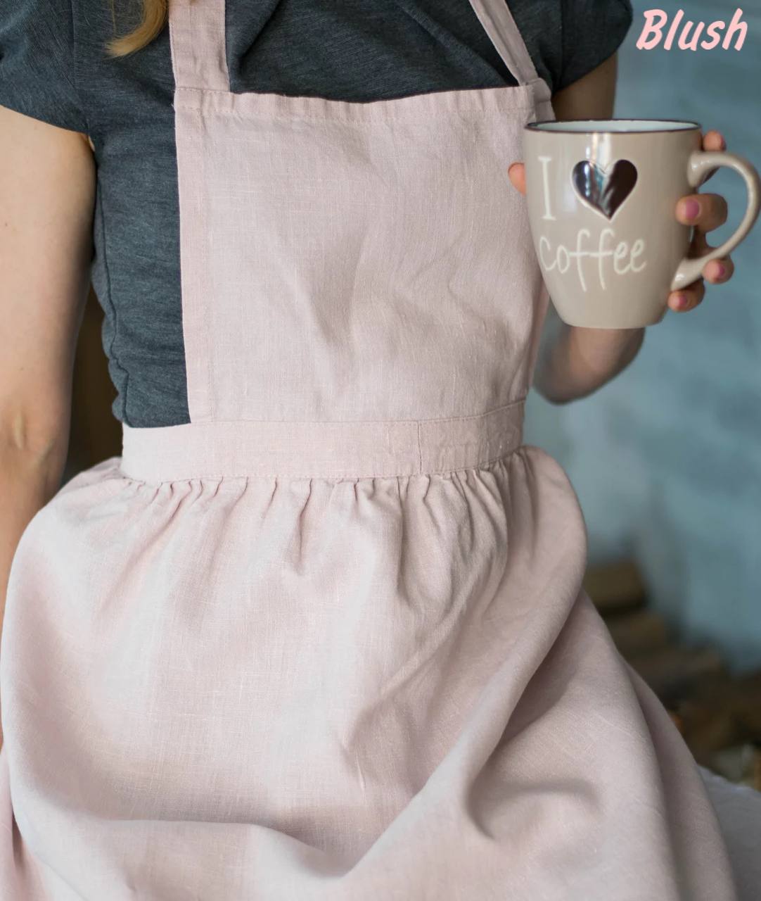 On Sale Romantic Pleated Bib Natural Linen Apron with Long Ties - XS-XL Sizes - in Natural, Blush and Dusty Pink Color